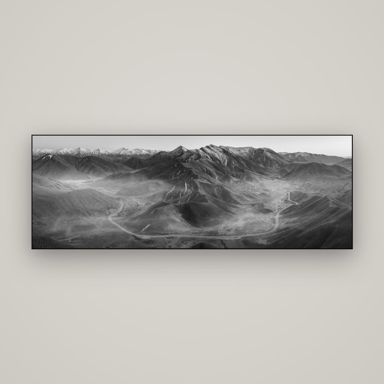 Dawn's Embrace, Lindis Pass Chronicles — Slimline Black, 170×60 cm. New Zealand fine art wall art by Stephen Milner.