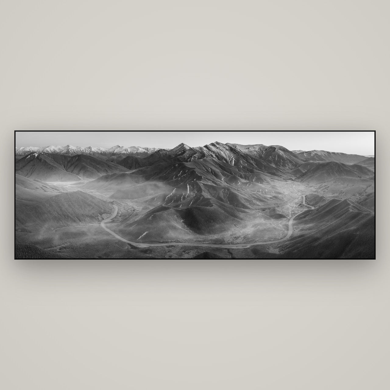 Dawn's Embrace, Lindis Pass Chronicles — Slimline Black, 198×70 cm. New Zealand fine art wall art by Stephen Milner.