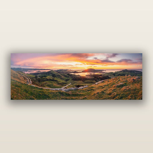Dawn's Embrace, Otago Peninsula Panorama — frameless acrylic glass print. New Zealand fine art landscape photography by Stephen Milner.