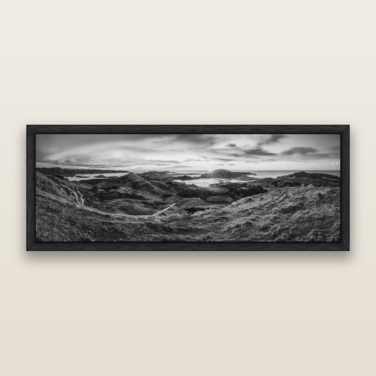 Dawn's Embrace, Otago Peninsula Panorama, black and white framed metallic canvas print, Black frame. New Zealand fine art wall art by Stephen Milner.