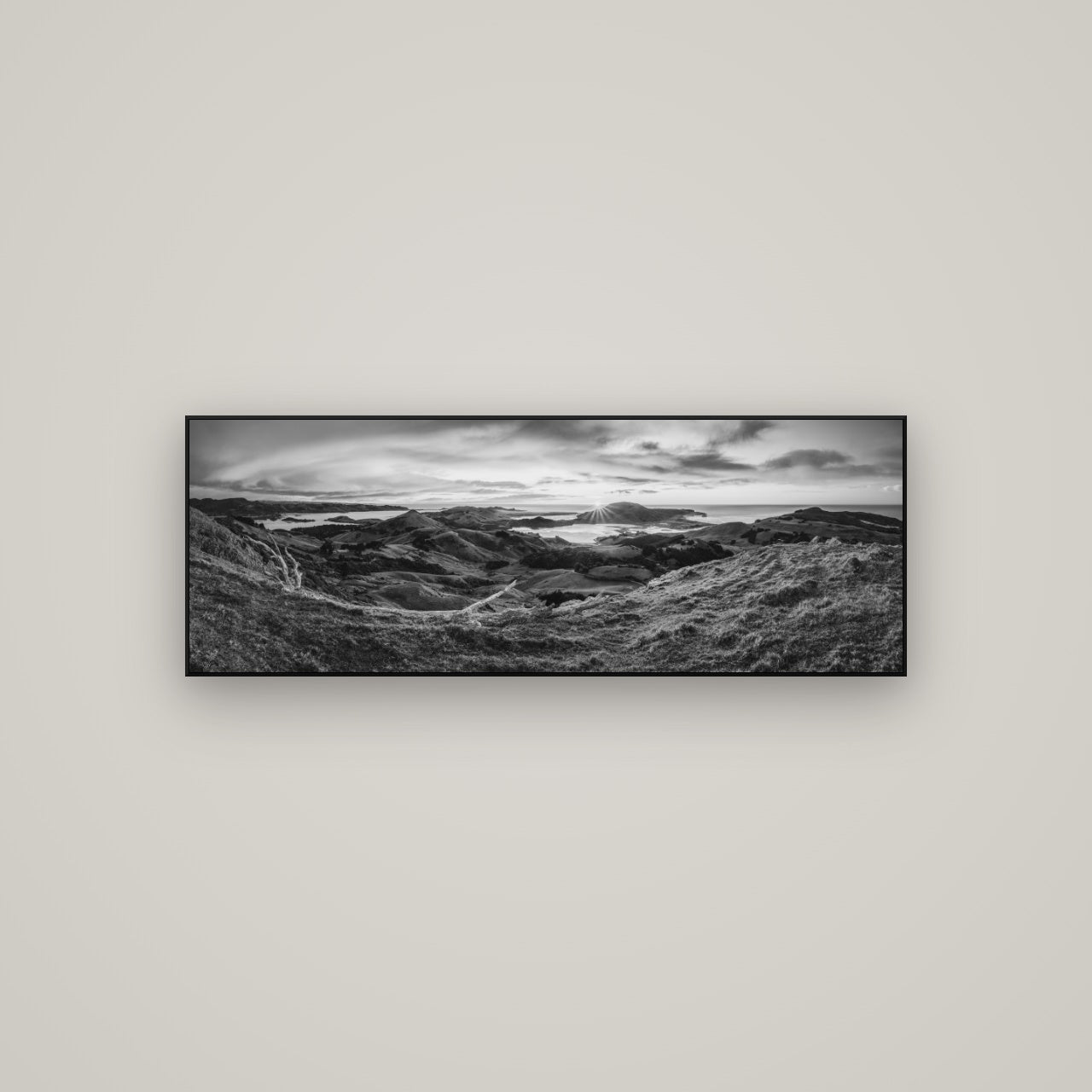 Dawn's Embrace, Otago Peninsula Panorama — ArtBox Black, 113×40 cm. New Zealand fine art wall art by Stephen Milner.