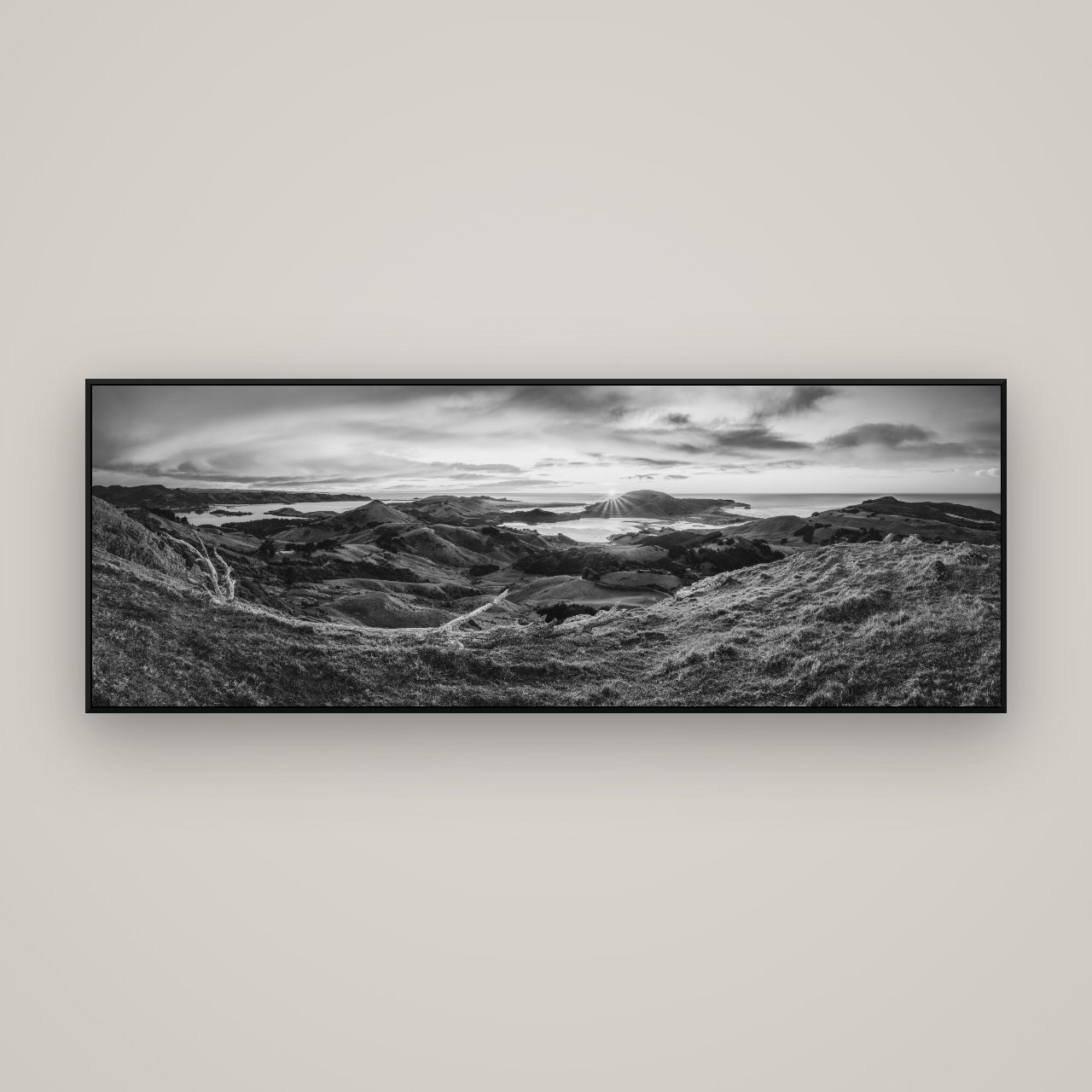Dawn's Embrace, Otago Peninsula Panorama — ArtBox Black, 170×60 cm. New Zealand fine art wall art by Stephen Milner.