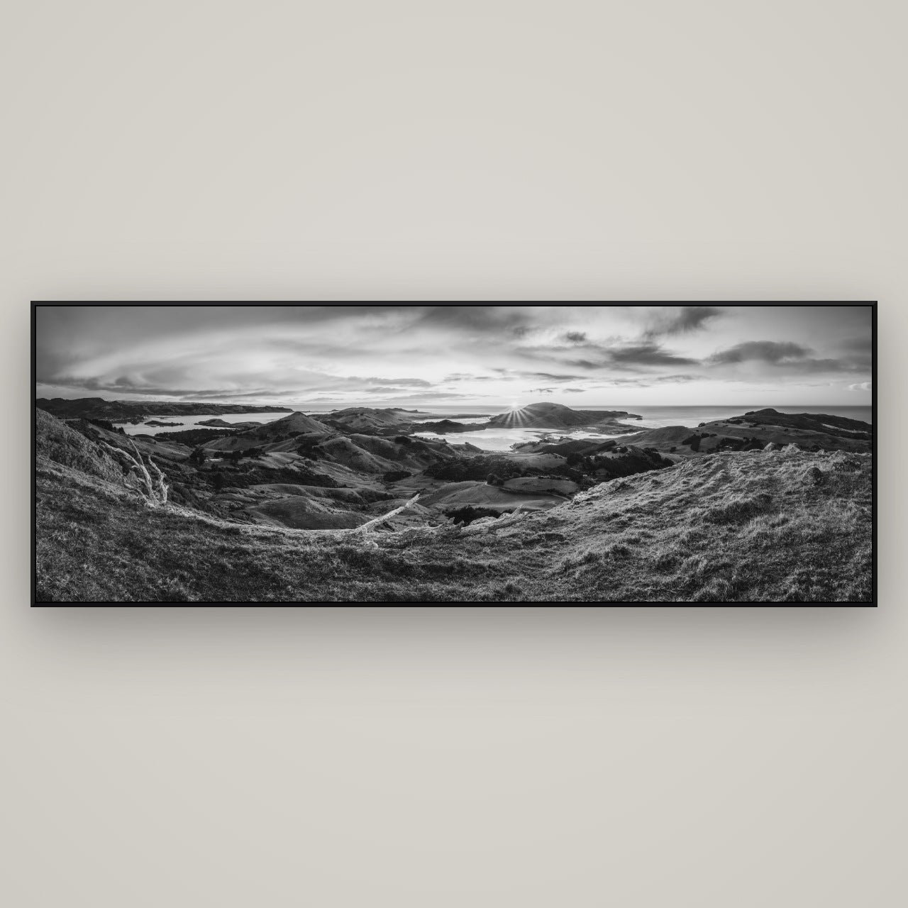Dawn's Embrace, Otago Peninsula Panorama — ArtBox Black, 198×70 cm. New Zealand fine art wall art by Stephen Milner.