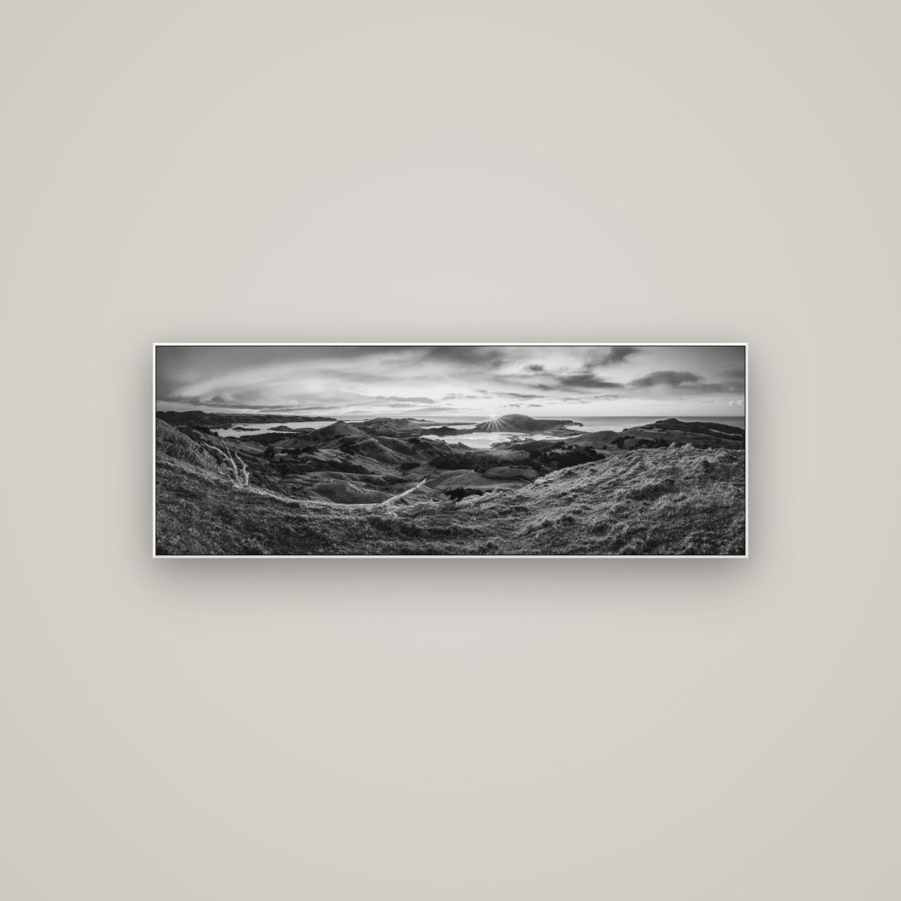 Dawn's Embrace, Otago Peninsula Panorama — ArtBox White, 113×40 cm. New Zealand fine art wall art by Stephen Milner.
