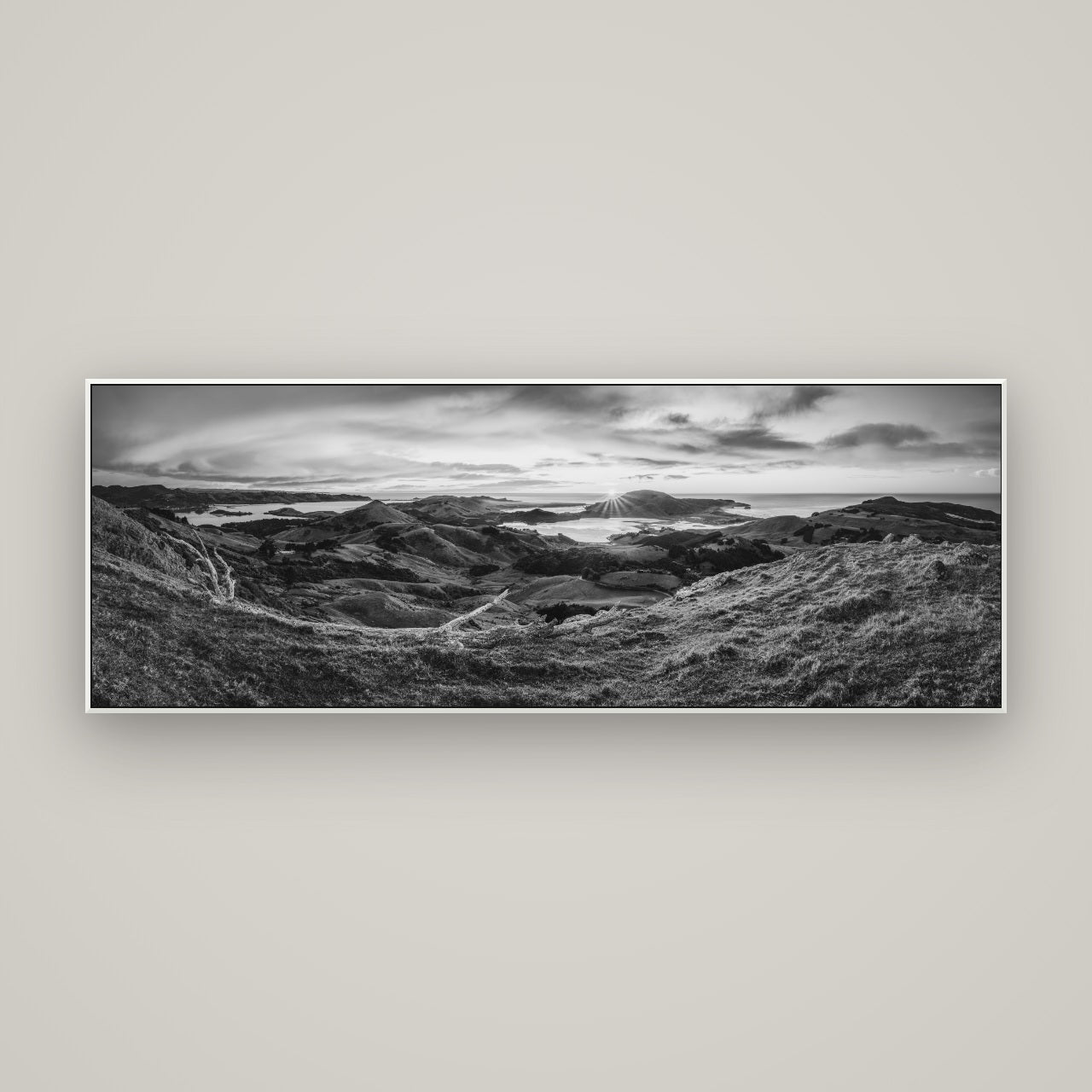Dawn's Embrace, Otago Peninsula Panorama — ArtBox White, 170×60 cm. New Zealand fine art wall art by Stephen Milner.