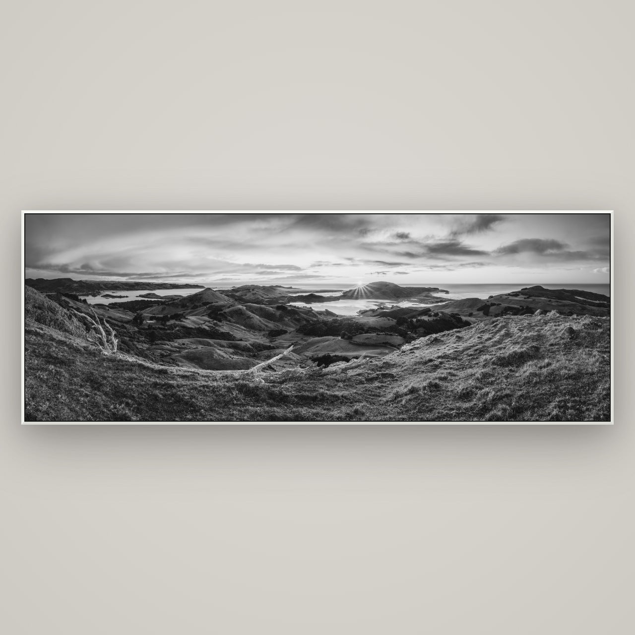 Dawn's Embrace, Otago Peninsula Panorama — ArtBox White, 198×70 cm. New Zealand fine art wall art by Stephen Milner.