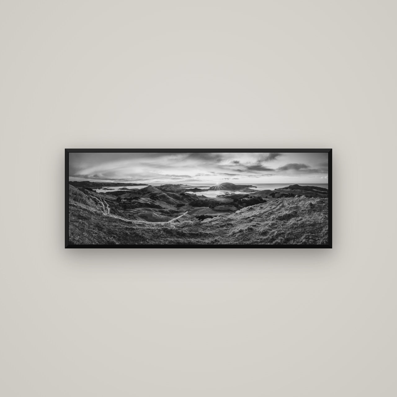 Dawn's Embrace, Otago Peninsula Panorama — Basel Black, 113×40 cm. New Zealand fine art wall art by Stephen Milner.