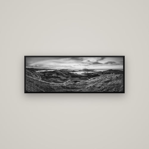 Dawn's Embrace, Otago Peninsula Panorama — Basel Black, 113×40 cm. New Zealand fine art wall art by Stephen Milner.