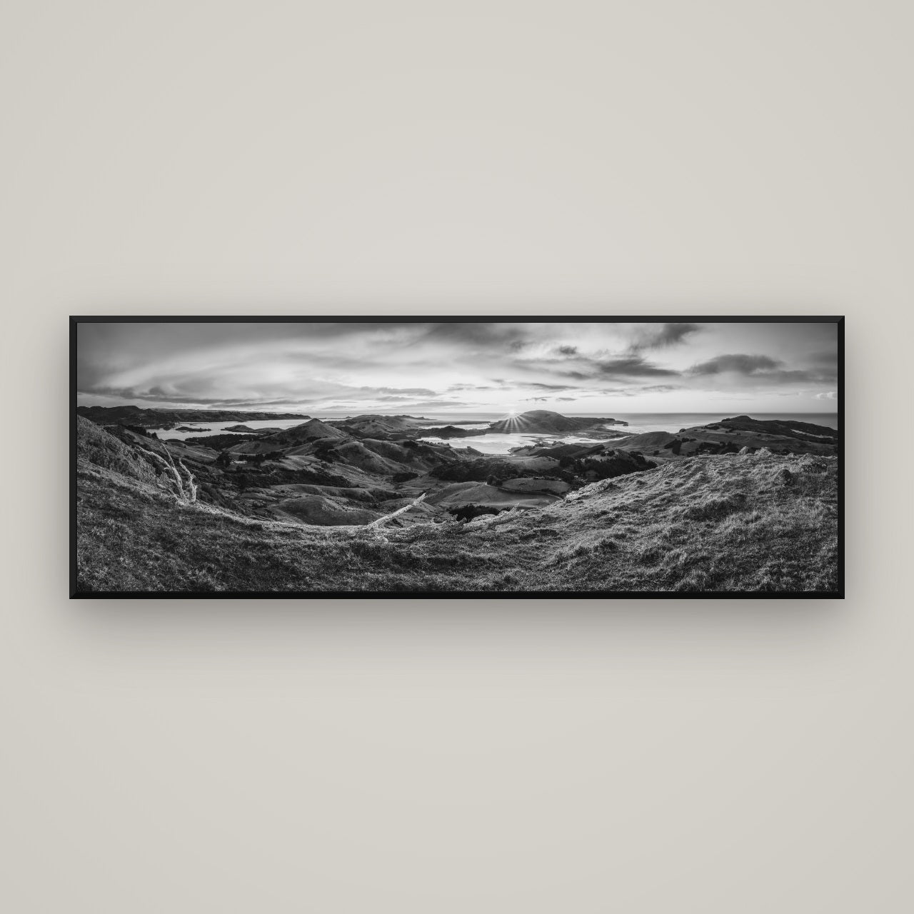 Dawn's Embrace, Otago Peninsula Panorama — Basel Black, 170×60 cm. New Zealand fine art wall art by Stephen Milner.