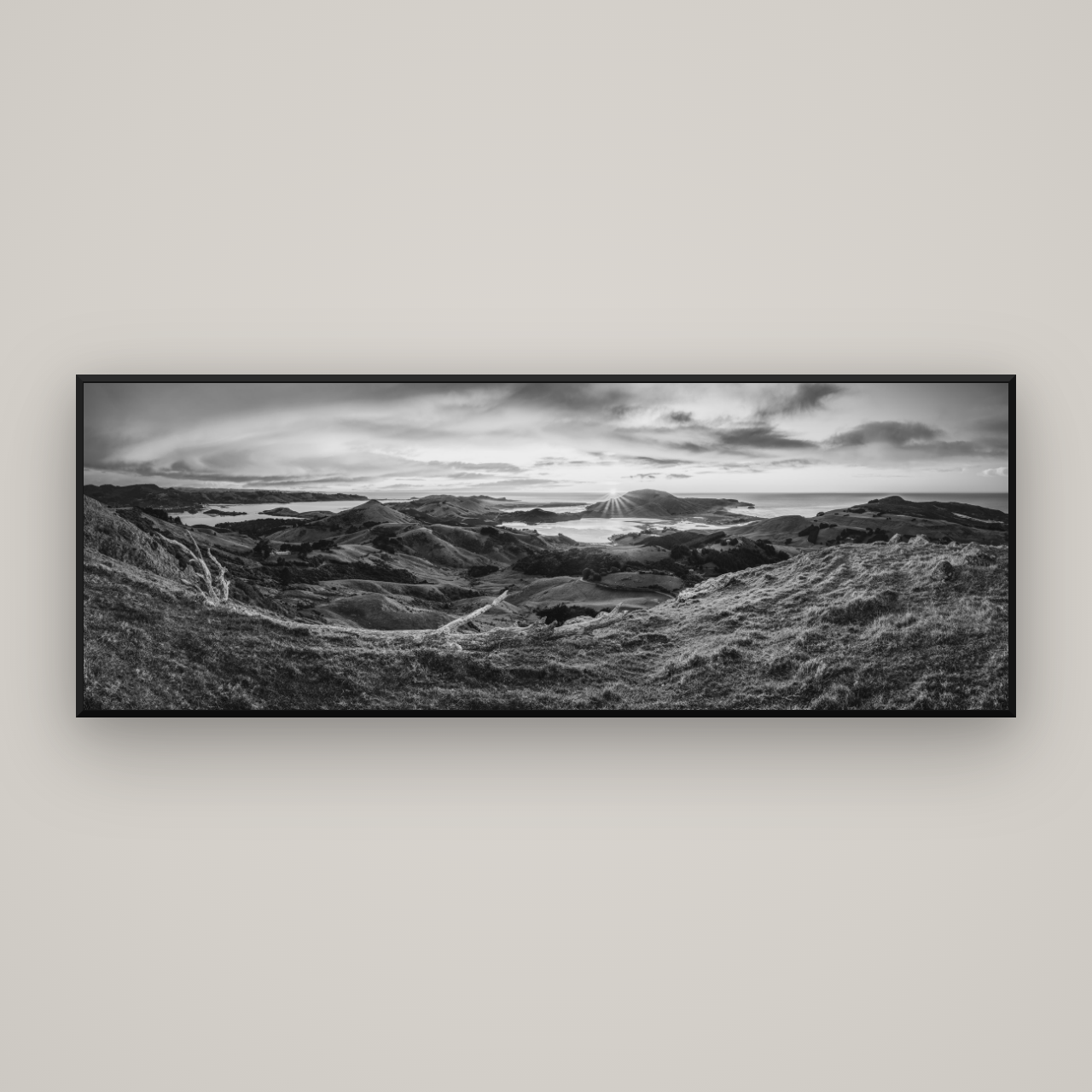 Dawn's Embrace, Otago Peninsula Panorama — Basel Black Matte, 198×70 cm. New Zealand fine art wall art by Stephen Milner.