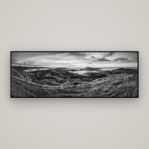 Dawn's Embrace, Otago Peninsula Panorama — Basel Black Matte, 198×70 cm. New Zealand fine art wall art by Stephen Milner.