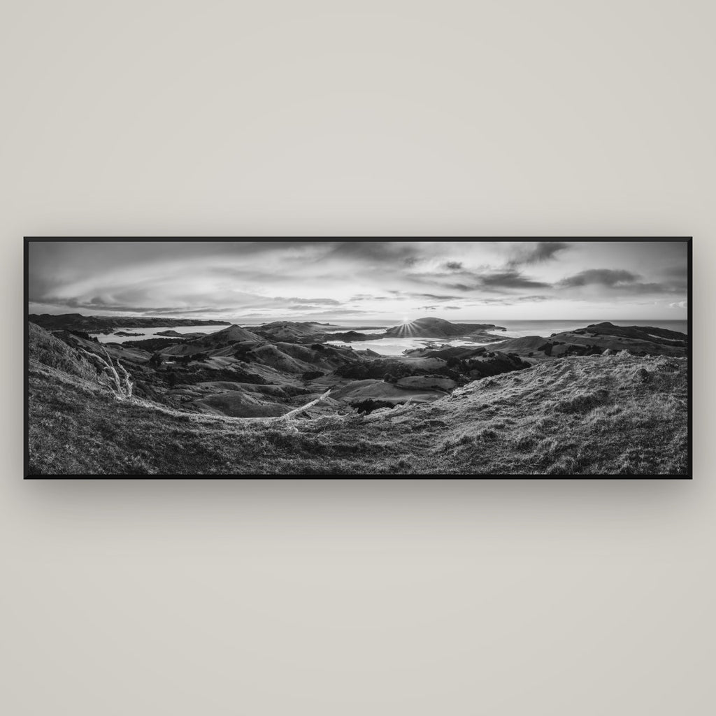 Dawn's Embrace, Otago Peninsula Panorama — Basel Black Matte, 198×70 cm. New Zealand fine art wall art by Stephen Milner.