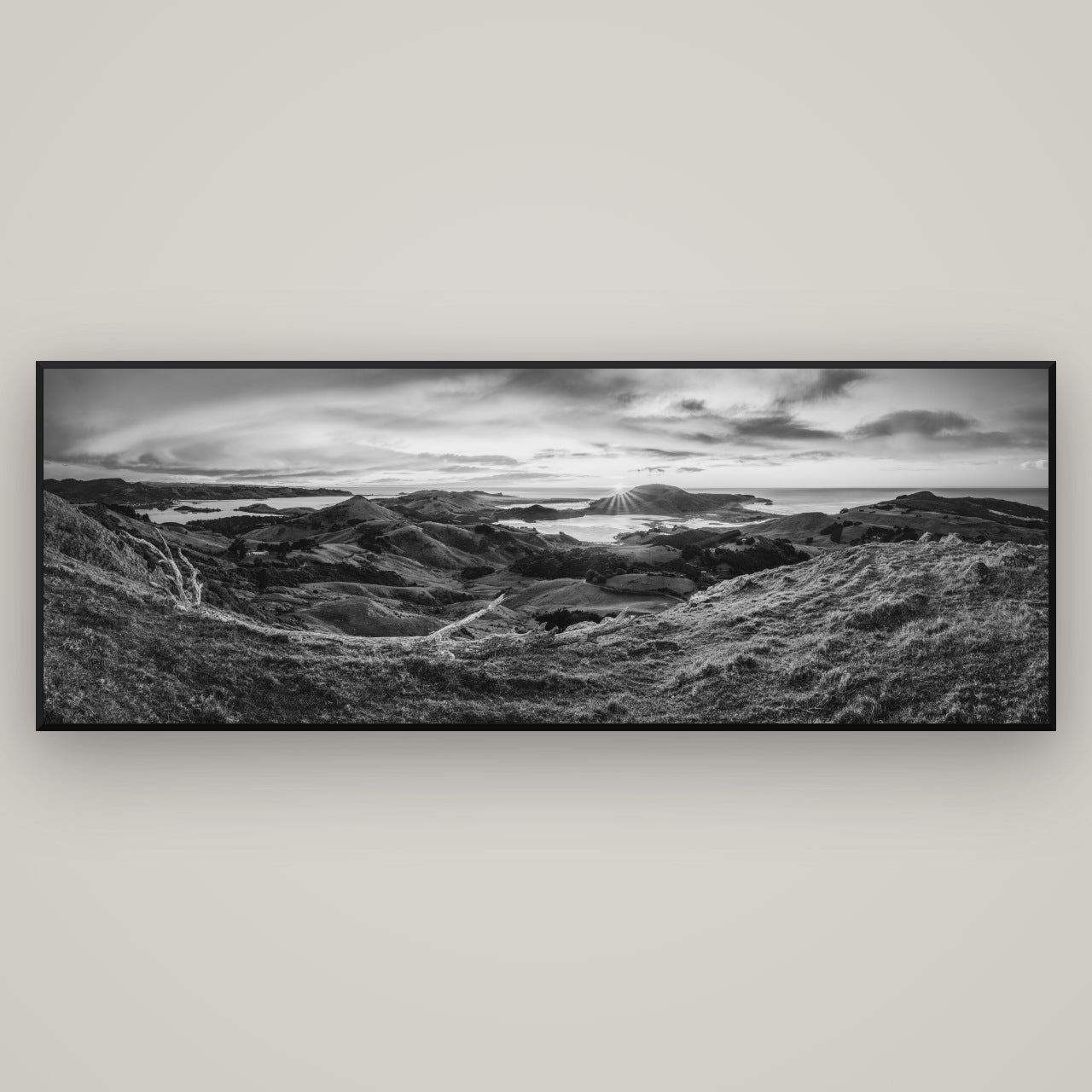 Dawn's Embrace, Otago Peninsula Panorama — Basel Black, 198×70 cm. New Zealand fine art wall art by Stephen Milner.
