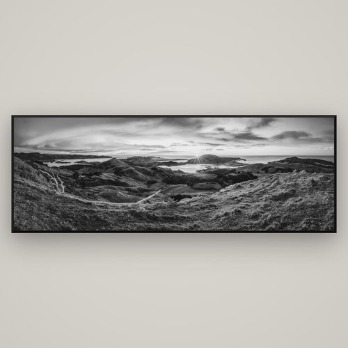 Dawn's Embrace, Otago Peninsula Panorama — Basel Black, 198×70 cm. New Zealand fine art wall art by Stephen Milner.