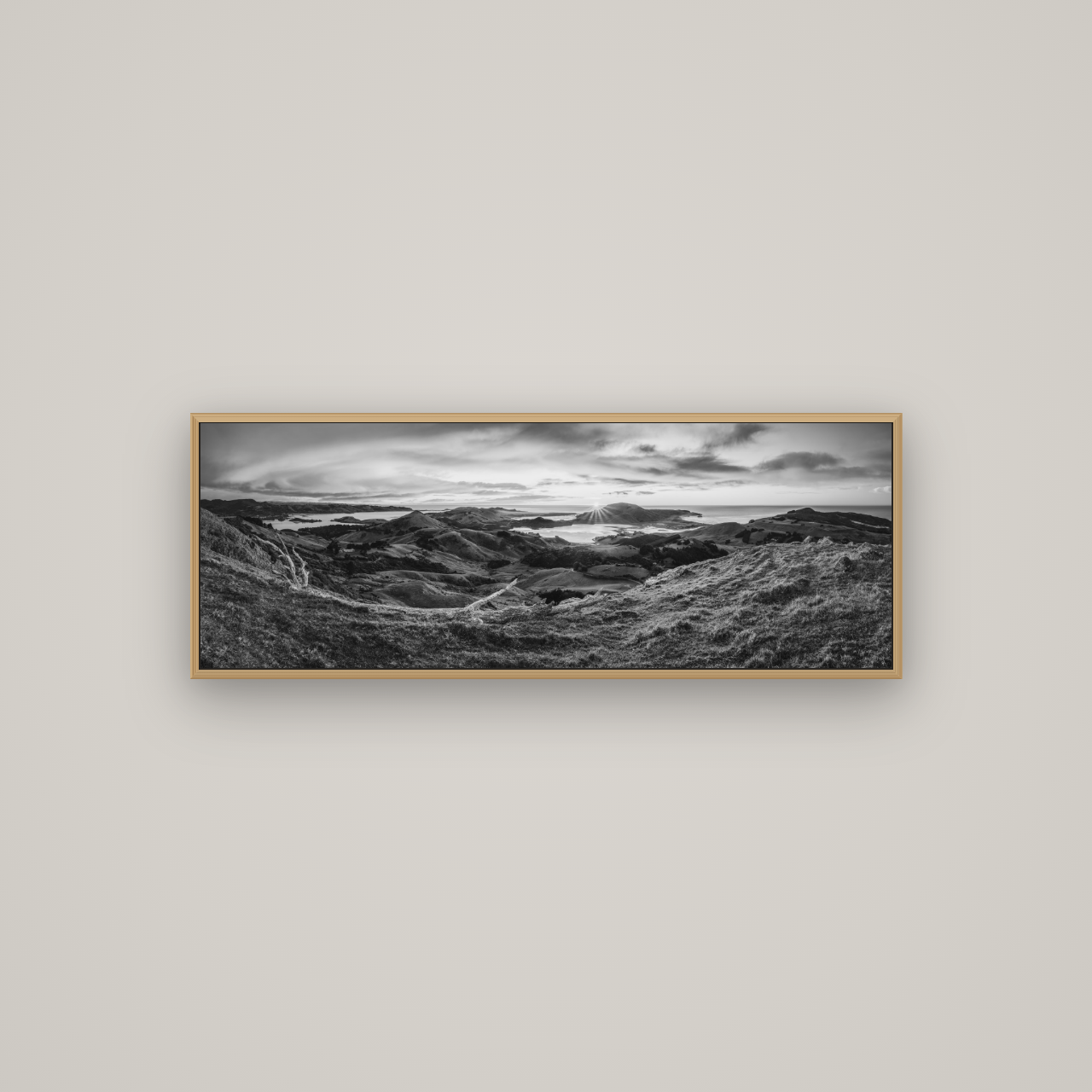 Dawn's Embrace, Otago Peninsula Panorama, Basel Natural Oak, 113×40 cm. New Zealand fine art wall art by Stephen Milner.