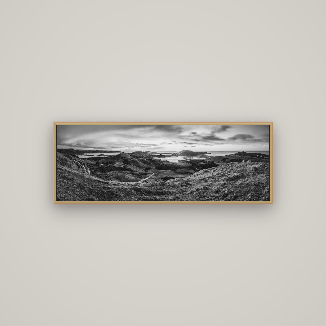 Dawn's Embrace, Otago Peninsula Panorama, Basel Natural Oak, 113×40 cm. New Zealand fine art wall art by Stephen Milner.