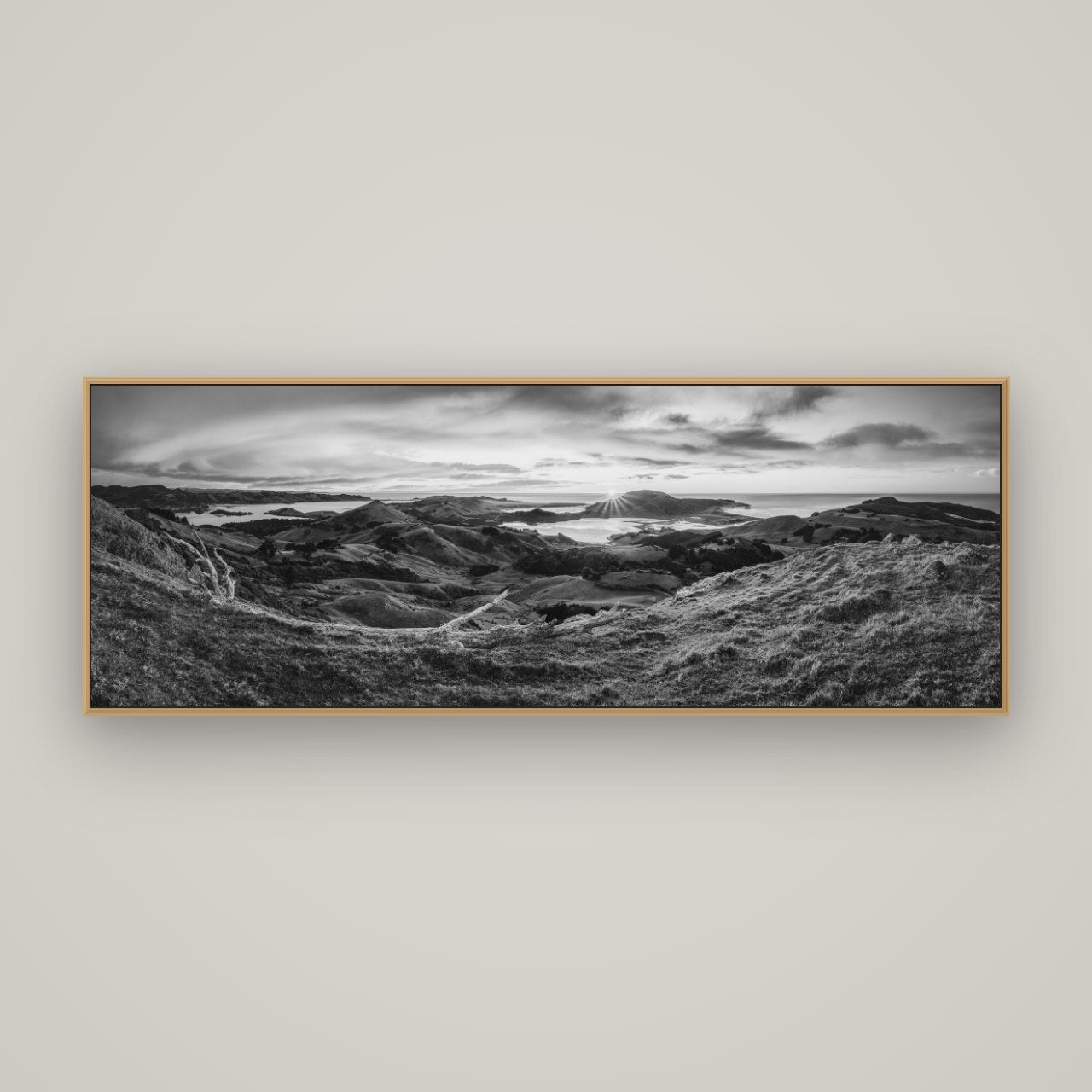 Dawn's Embrace, Otago Peninsula Panorama, Basel Natural Oak, 170×60 cm. New Zealand fine art wall art by Stephen Milner.