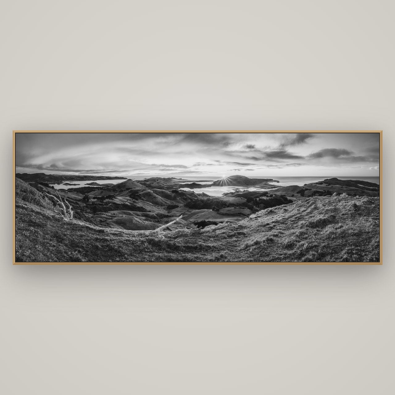 Dawn's Embrace, Otago Peninsula Panorama, Basel Natural Oak, 198×70 cm. New Zealand fine art wall art by Stephen Milner.