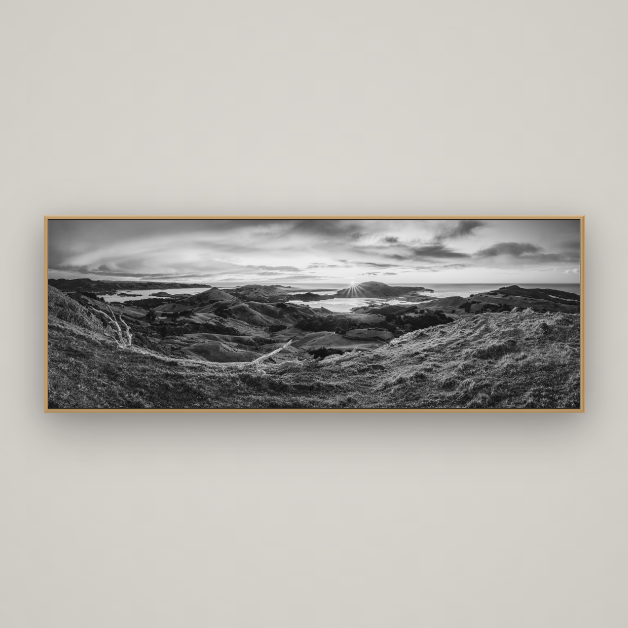 Dawn's Embrace, Otago Peninsula Panorama, Basel Natural Oak, 198×70 cm. New Zealand fine art wall art by Stephen Milner.