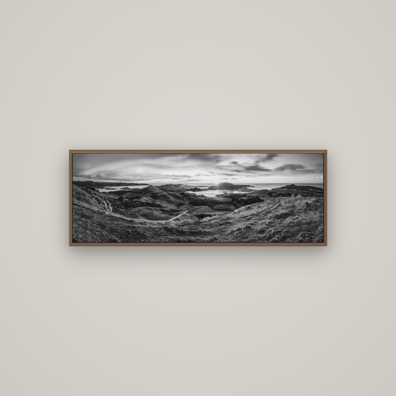 Dawn's Embrace, Otago Peninsula Panorama, Basel Walnut, 113×40 cm. New Zealand fine art wall art by Stephen Milner.