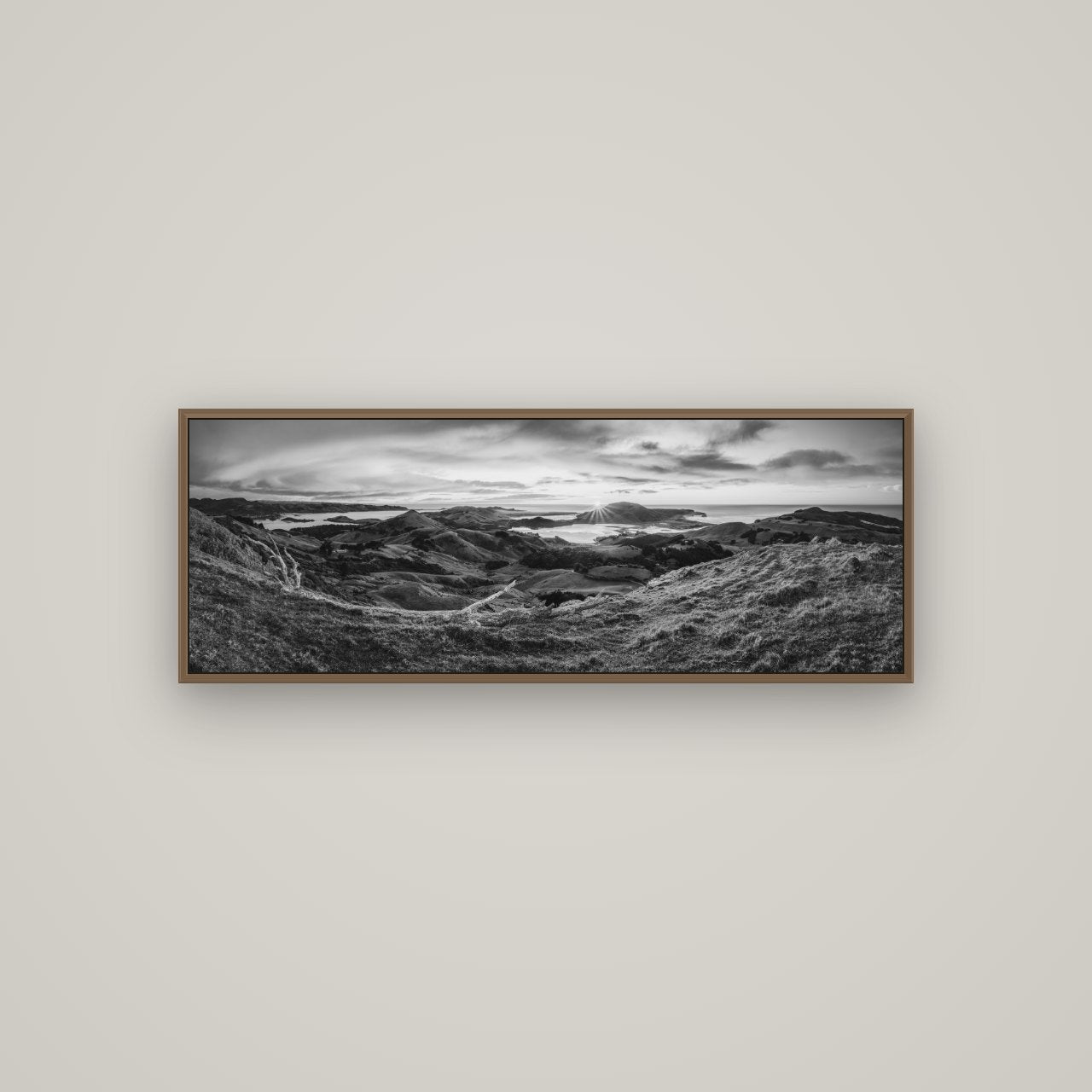 Dawn's Embrace, Otago Peninsula Panorama, Basel Walnut, 113×40 cm. New Zealand fine art wall art by Stephen Milner.