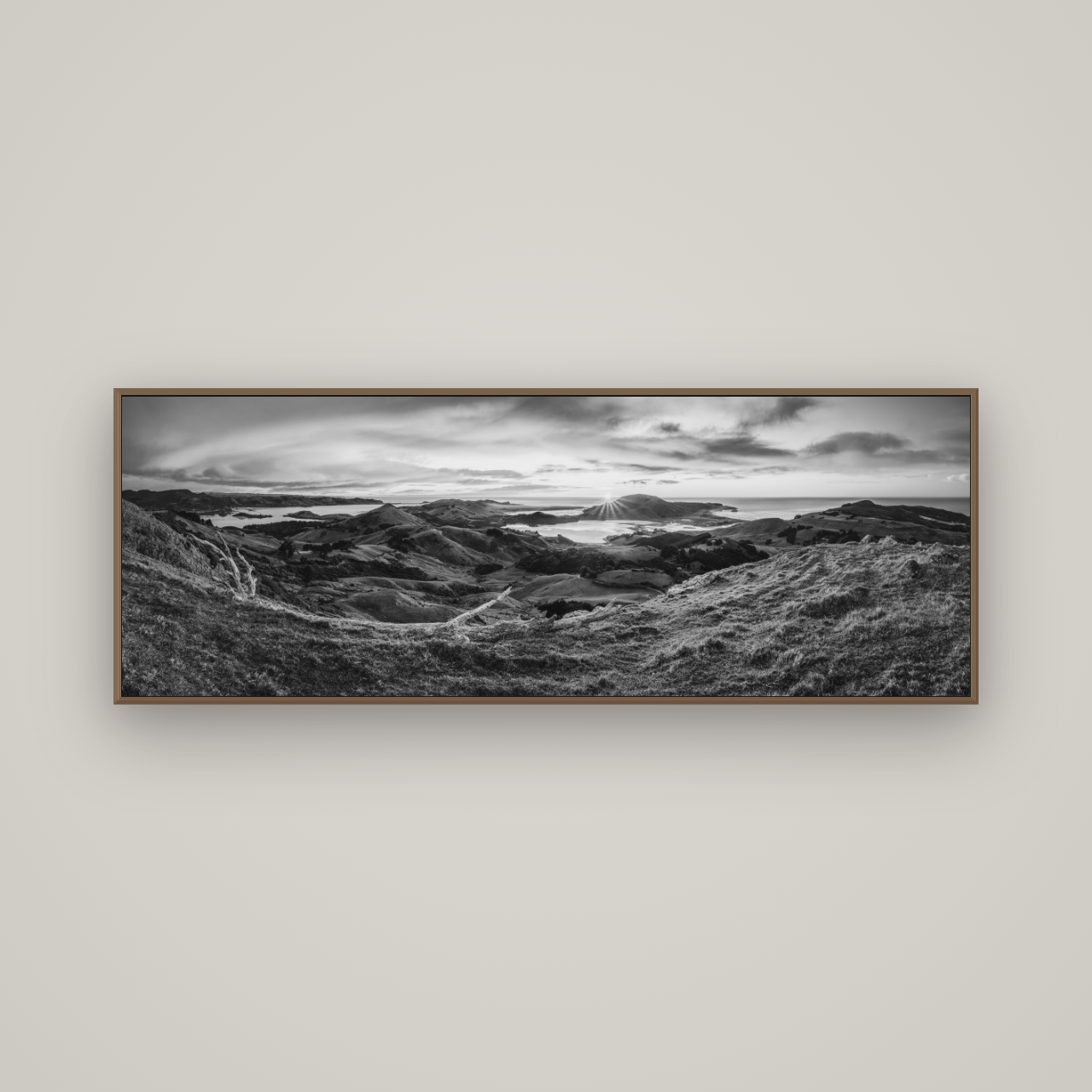 Dawn's Embrace, Otago Peninsula Panorama, Basel Walnut, 170×60 cm. New Zealand fine art wall art by Stephen Milner.