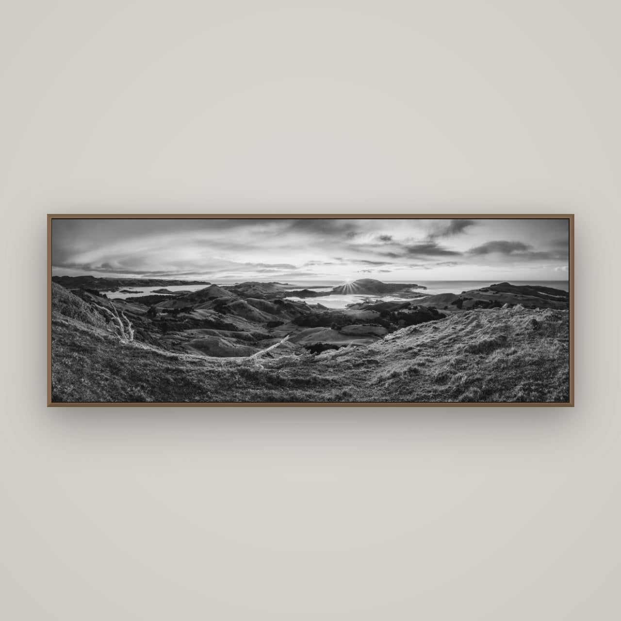 Dawn's Embrace, Otago Peninsula Panorama, Basel Walnut, 170×60 cm. New Zealand fine art wall art by Stephen Milner.