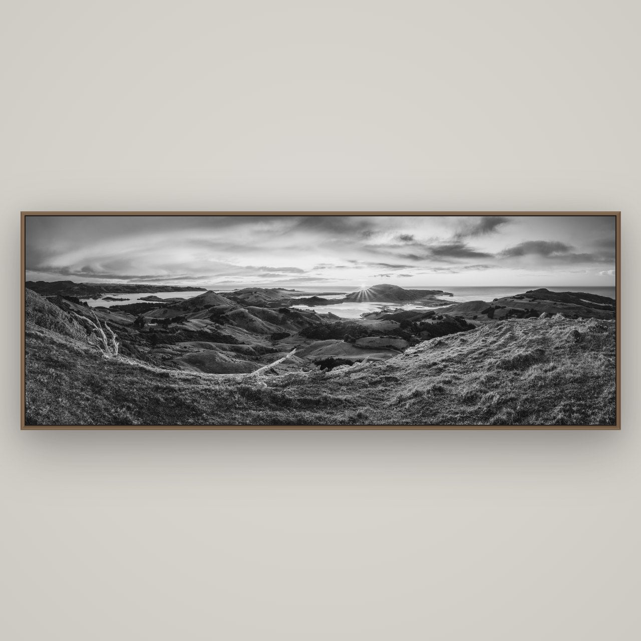 Dawn's Embrace, Otago Peninsula Panorama, Basel Walnut, 198×70 cm. New Zealand fine art wall art by Stephen Milner.
