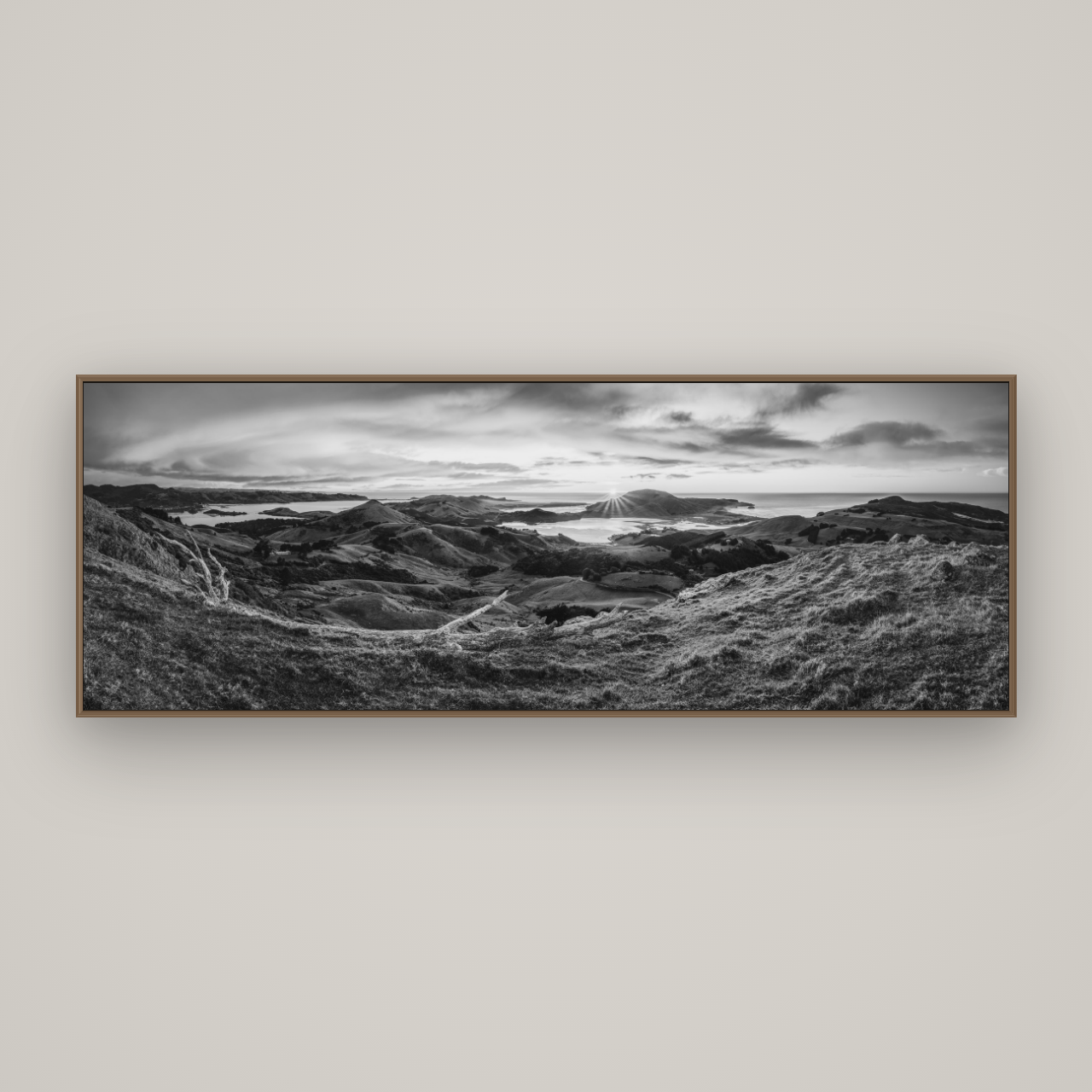 Dawn's Embrace, Otago Peninsula Panorama, Basel Walnut, 198×70 cm. New Zealand fine art wall art by Stephen Milner.
