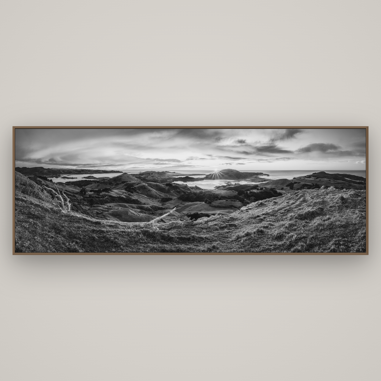 Dawn's Embrace, Otago Peninsula Panorama, Basel Walnut, 227×80 cm. New Zealand fine art wall art by Stephen Milner.