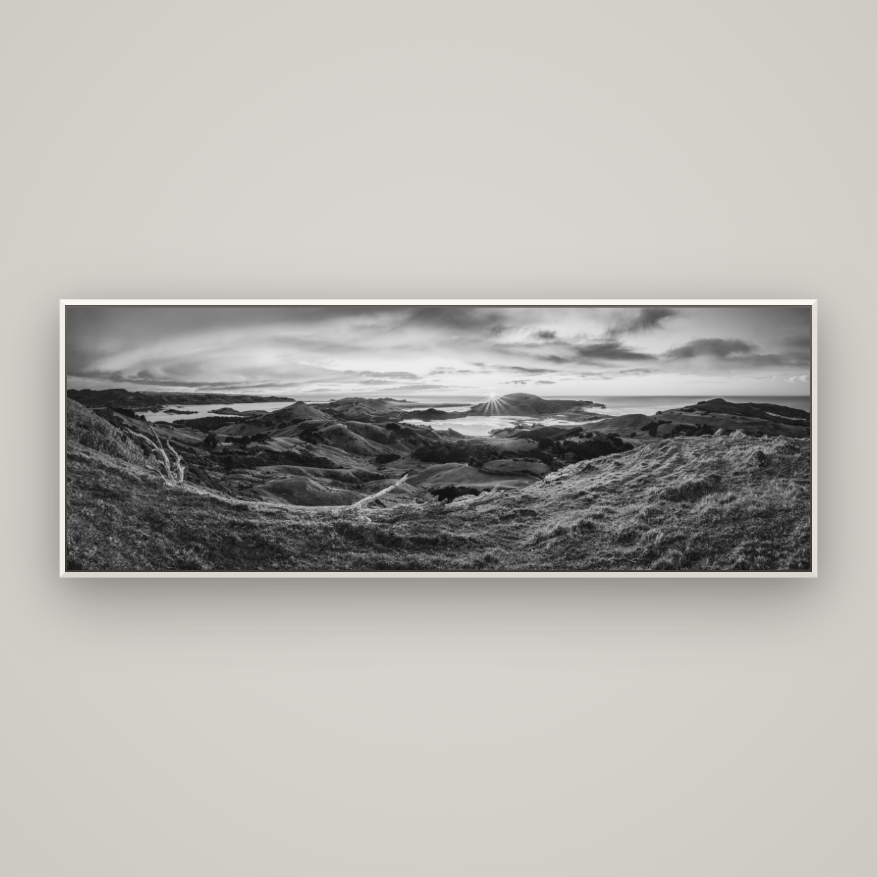 Dawn's Embrace, Otago Peninsula Panorama — Basel White, 198×70 cm. New Zealand fine art wall art by Stephen Milner.