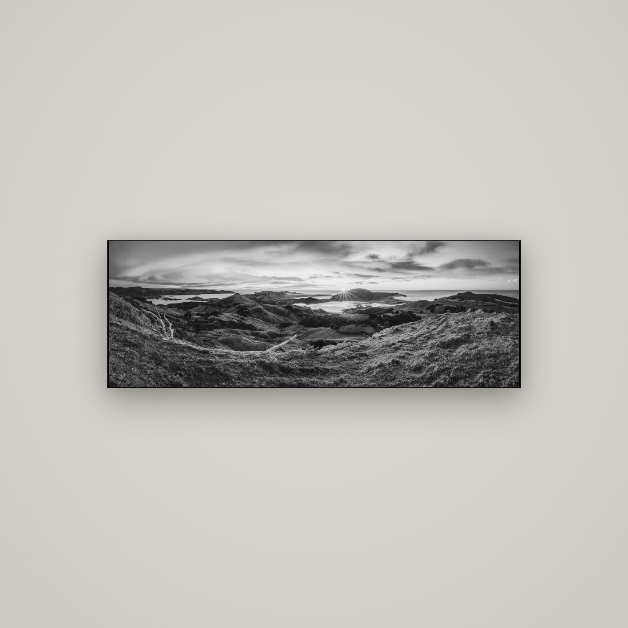 Dawn's Embrace, Otago Peninsula Panorama — Slimline Black, 113×40 cm. New Zealand fine art wall art by Stephen Milner.