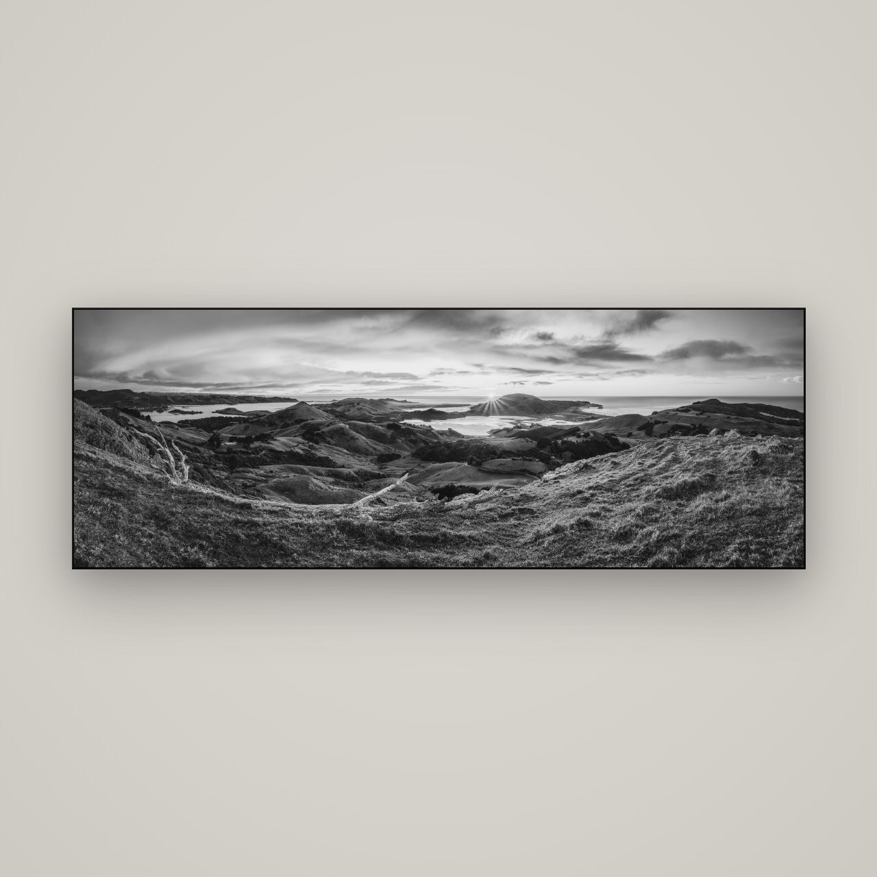 Dawn's Embrace, Otago Peninsula Panorama — Slimline Black, 170×60 cm. New Zealand fine art wall art by Stephen Milner.