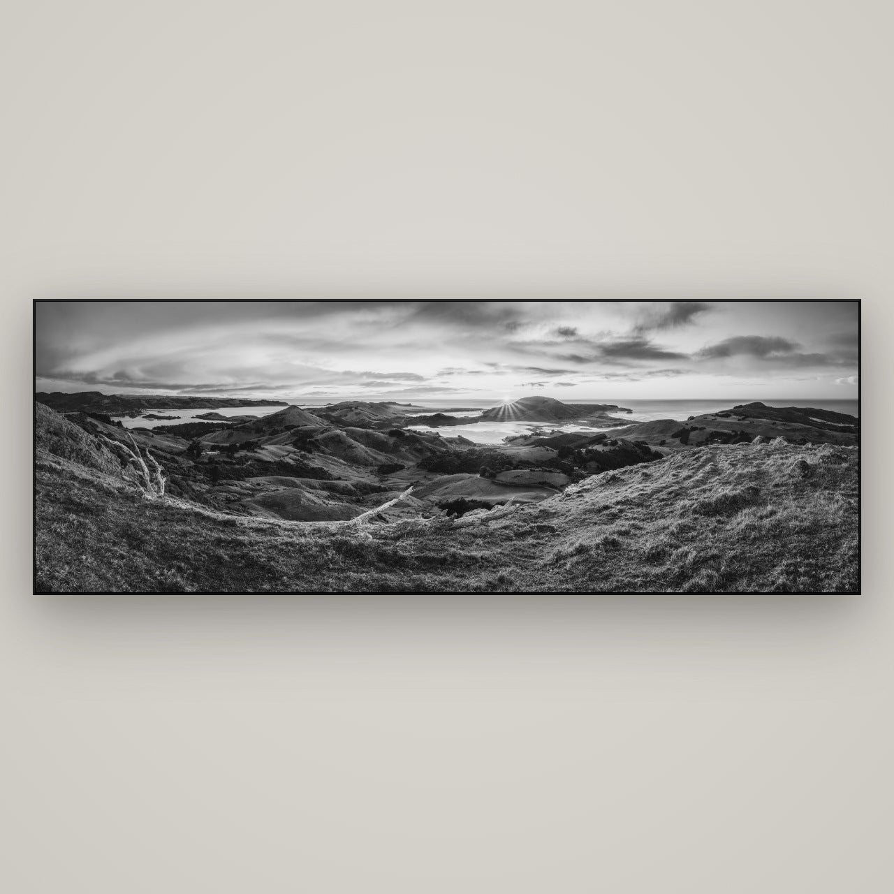Dawn's Embrace, Otago Peninsula Panorama — Slimline Black, 198×70 cm. New Zealand fine art wall art by Stephen Milner.