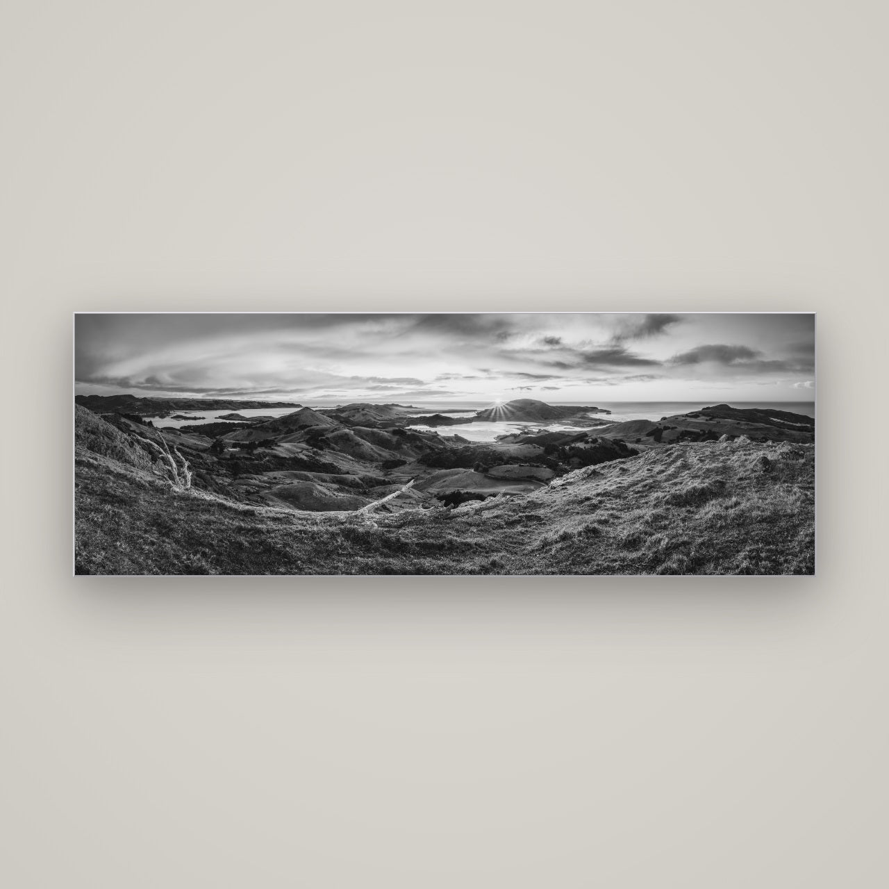 Dawn's Embrace, Otago Peninsula Panorama — Slimline Silver, 170×60 cm. New Zealand fine art wall art by Stephen Milner.