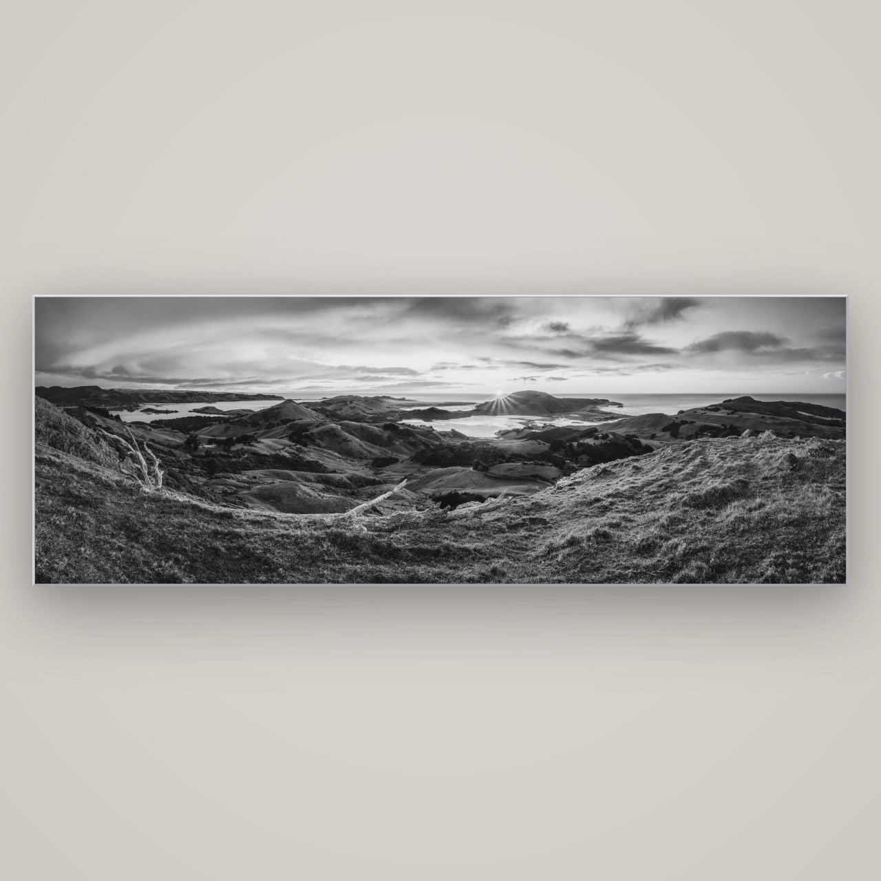 Dawn's Embrace, Otago Peninsula Panorama — Slimline Silver, 198×70 cm. New Zealand fine art wall art by Stephen Milner.