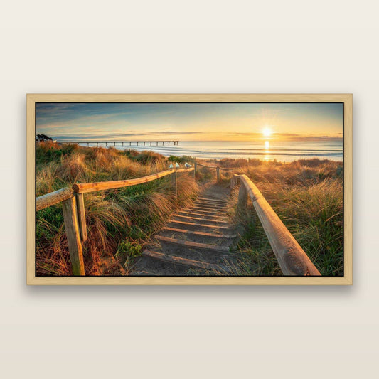 Dawn's Invitation, New Brighton Beach — framed metallic canvas print, Natural frame. New Zealand fine art landscape wall art by Stephen Milner.