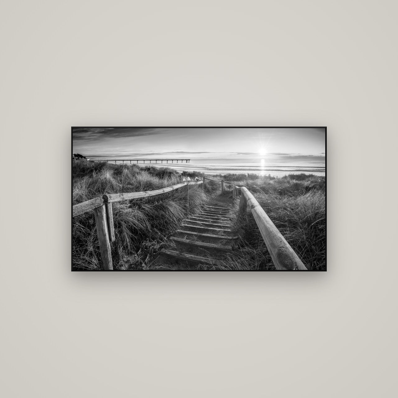 Dawn's Invitation, New Brighton Beach — ArtBox Black, 107×60 cm. New Zealand fine art wall art by Stephen Milner.
