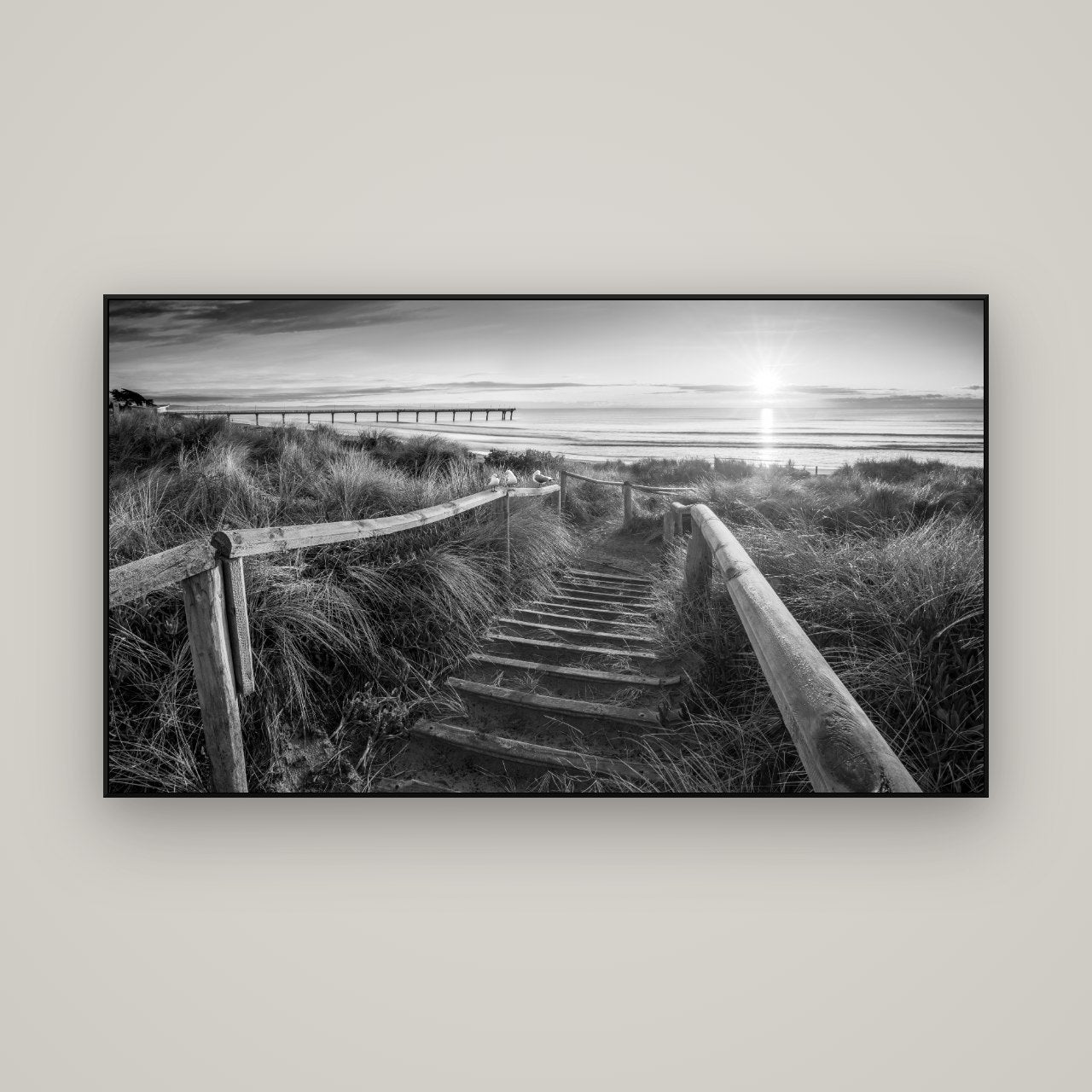 Dawn's Invitation, New Brighton Beach — ArtBox Black, 160×90 cm. New Zealand fine art wall art by Stephen Milner.