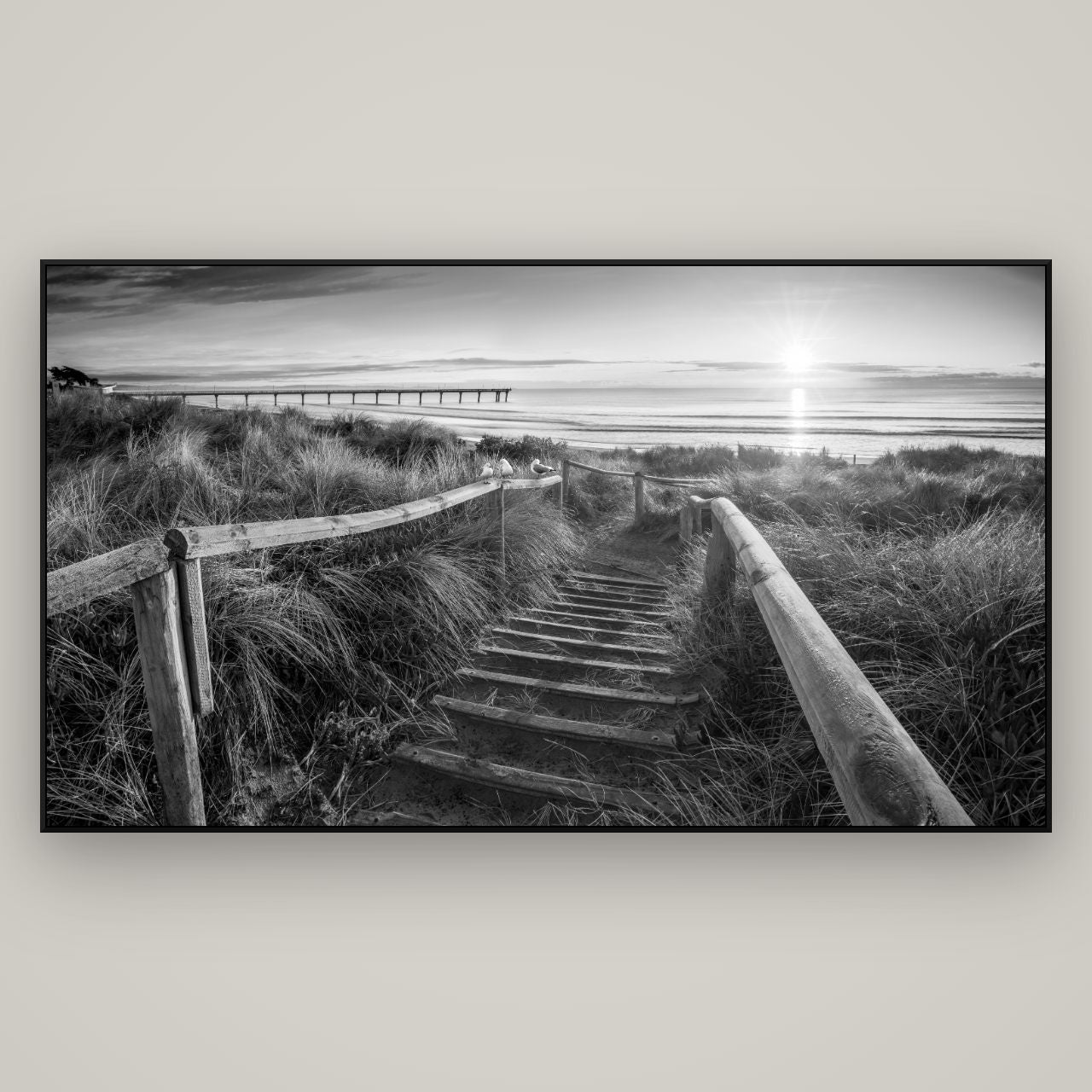 Dawn's Invitation, New Brighton Beach — ArtBox Black, 196×110 cm. New Zealand fine art wall art by Stephen Milner.