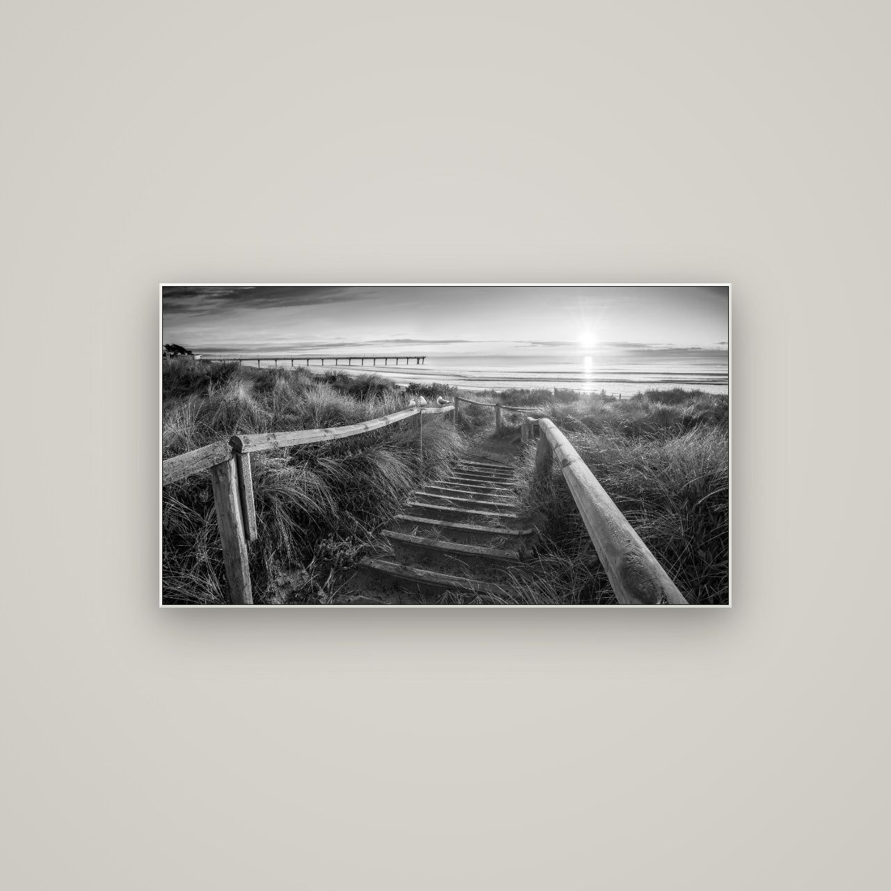 Dawn's Invitation, New Brighton Beach — ArtBox White, 107×60 cm. New Zealand fine art wall art by Stephen Milner.
