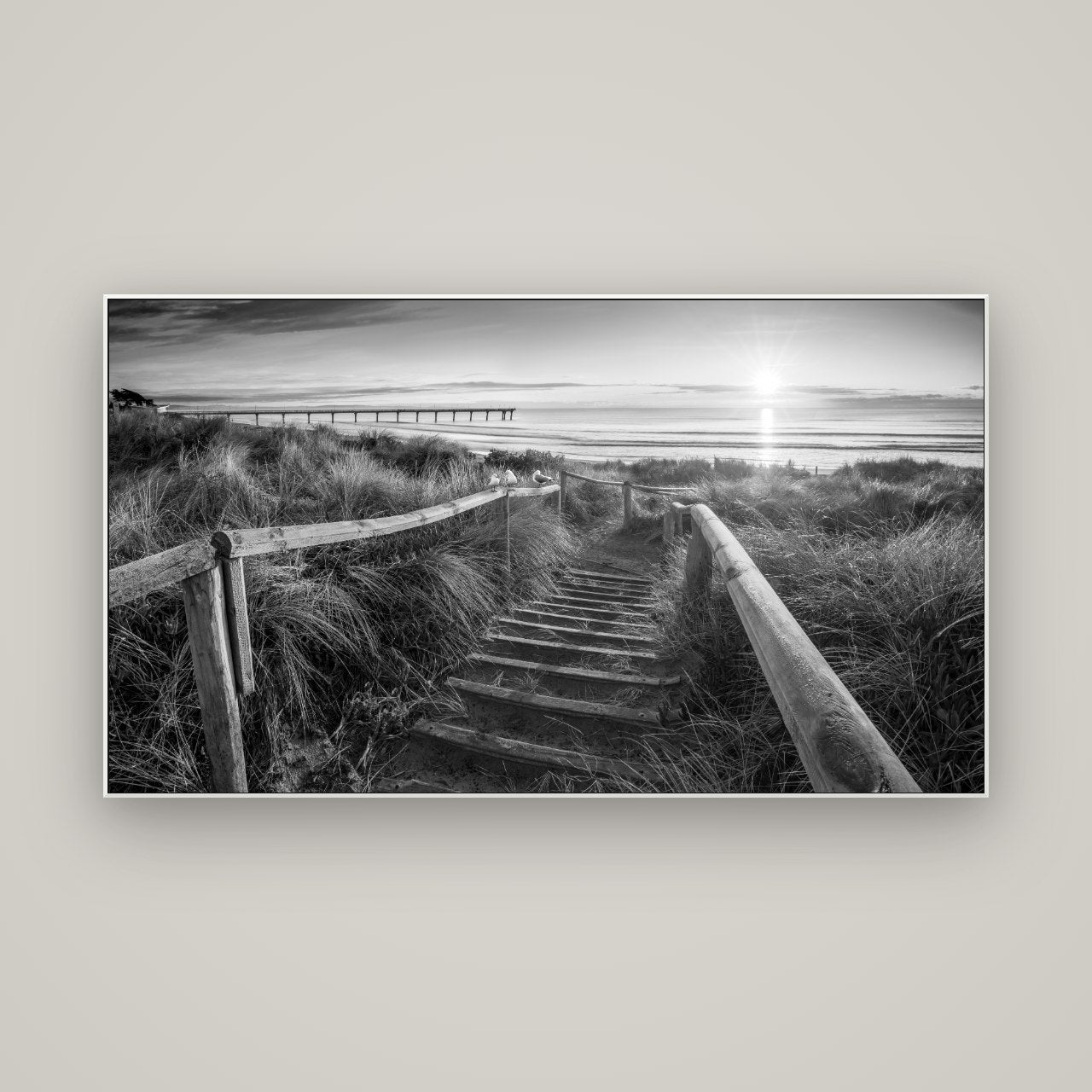Dawn's Invitation, New Brighton Beach — ArtBox White, 160×90 cm. New Zealand fine art wall art by Stephen Milner.