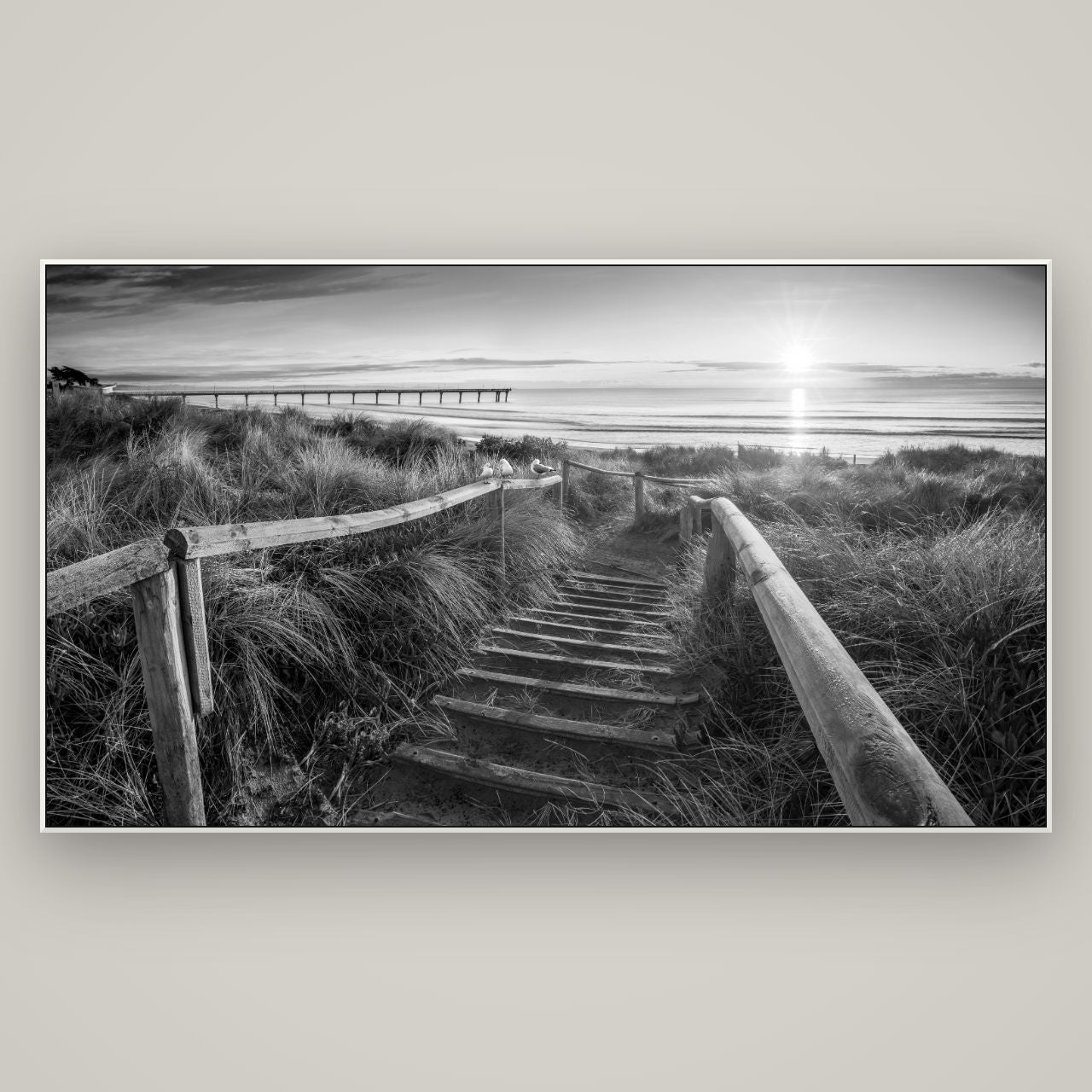 Dawn's Invitation, New Brighton Beach — ArtBox White, 196×110 cm. New Zealand fine art wall art by Stephen Milner.