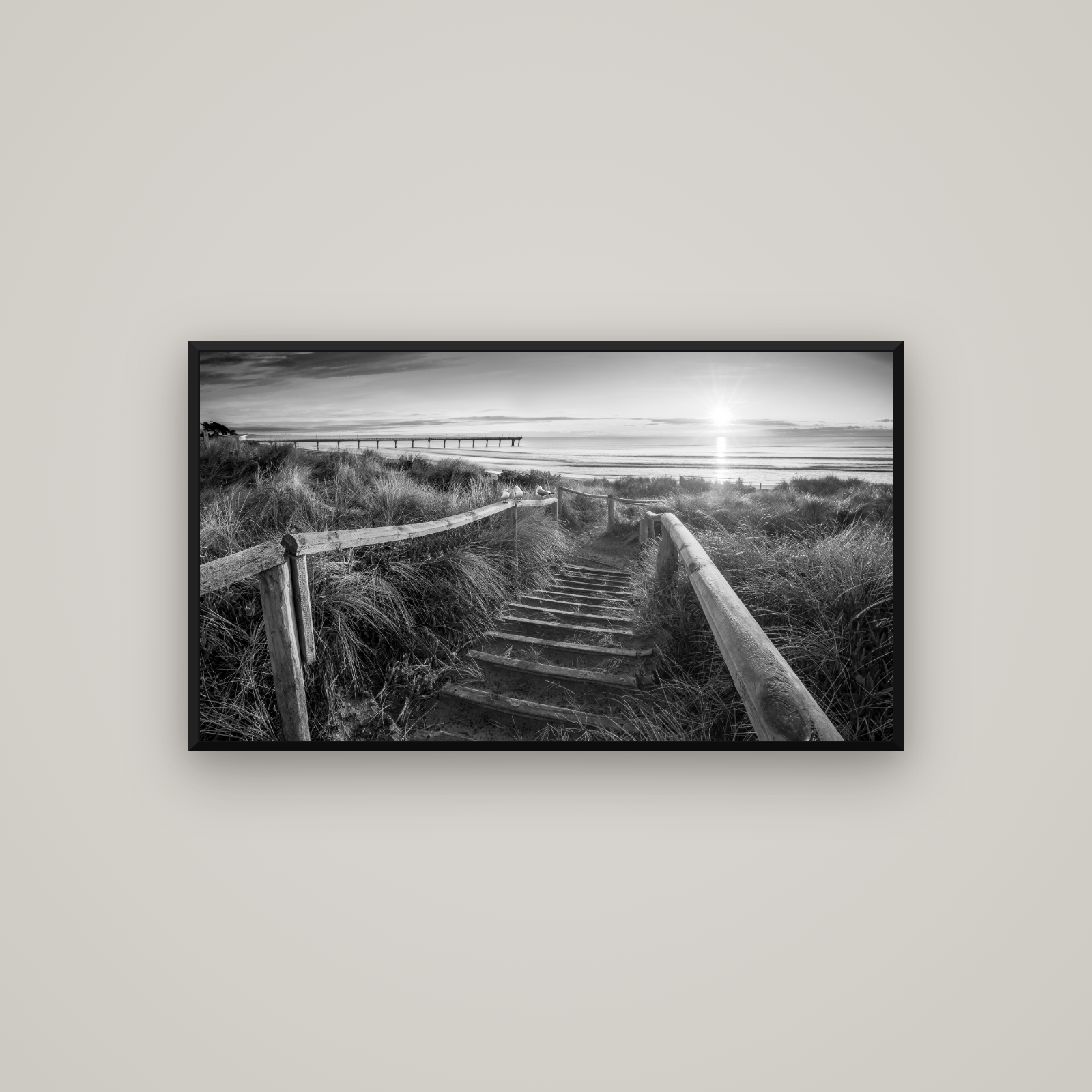 Dawn's Invitation, New Brighton Beach — Basel Black Matte, 107×60 cm. New Zealand fine art wall art by Stephen Milner.