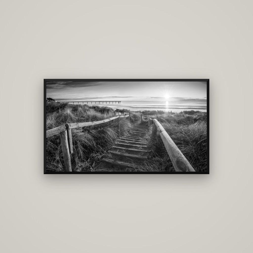 Dawn's Invitation, New Brighton Beach — Basel Black Matte, 107×60 cm. New Zealand fine art wall art by Stephen Milner.