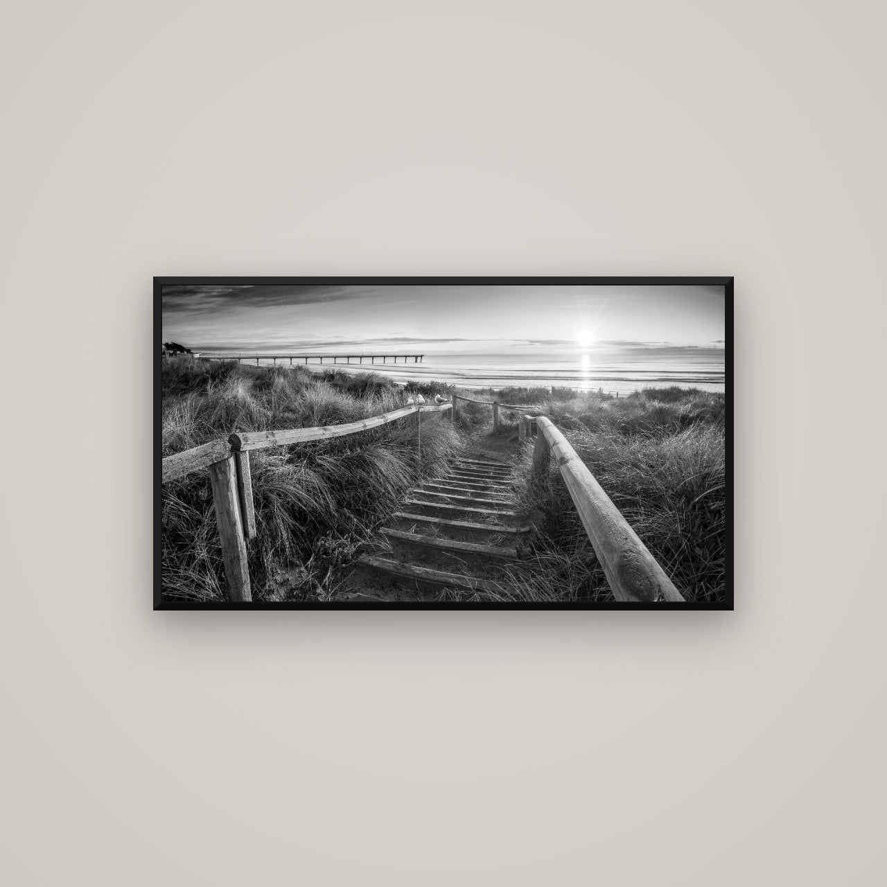 Dawn's Invitation, New Brighton Beach — Basel Black, 107×60 cm. New Zealand fine art wall art by Stephen Milner.