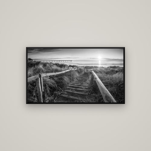 Dawn's Invitation, New Brighton Beach — Basel Black, 107×60 cm. New Zealand fine art wall art by Stephen Milner.