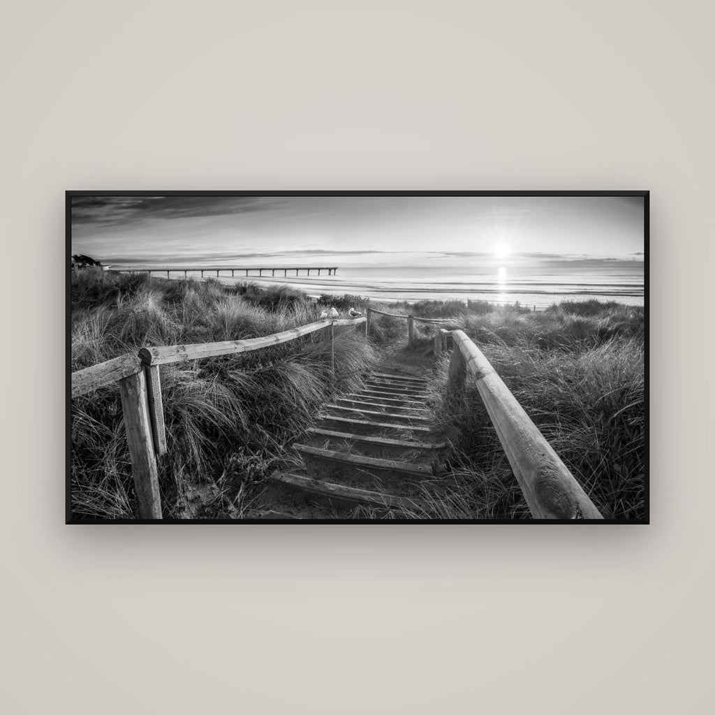 Dawn's Invitation, New Brighton Beach — Basel Black Matte, 160×90 cm. New Zealand fine art wall art by Stephen Milner.