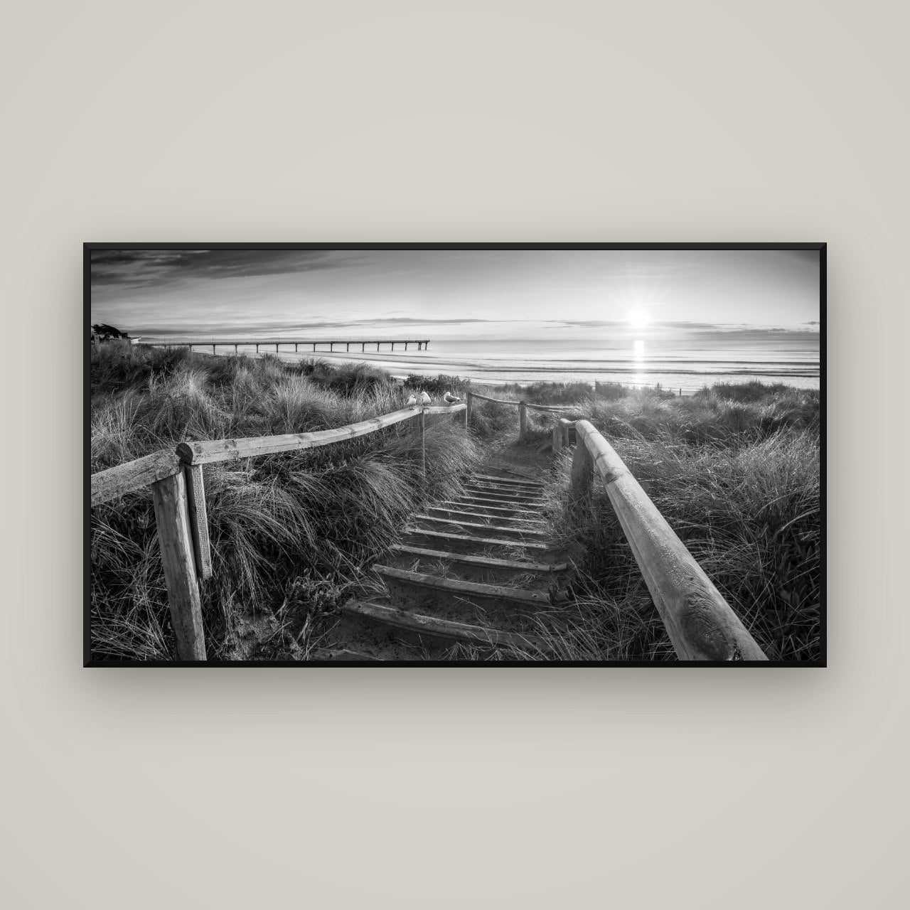 Dawn's Invitation, New Brighton Beach — Basel Black, 160×90 cm. New Zealand fine art wall art by Stephen Milner.