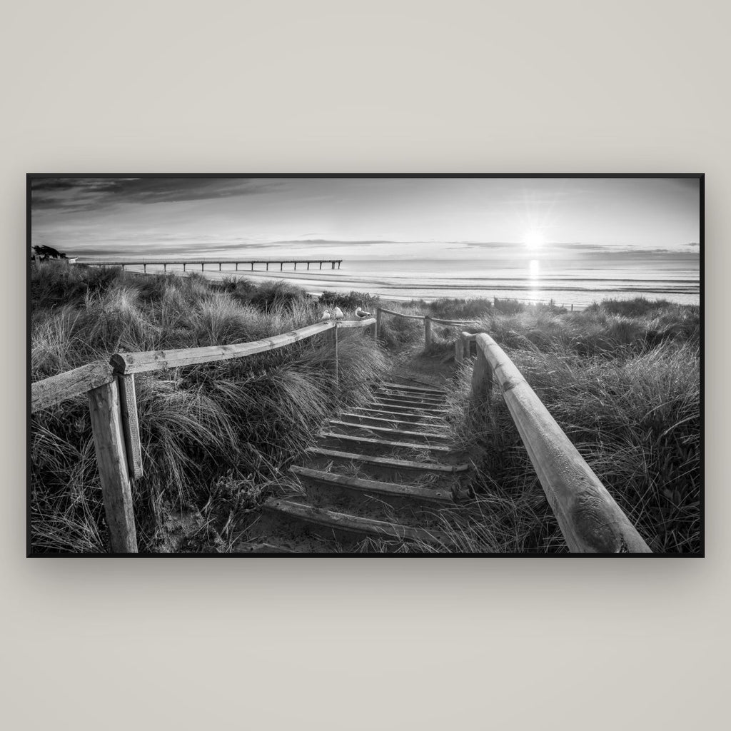 Dawn's Invitation, New Brighton Beach — Basel Black Matte, 196×110 cm. New Zealand fine art wall art by Stephen Milner.